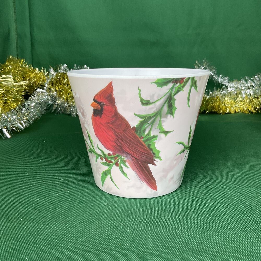 Christmas Red Cardinal Flower Pot Planter Plastic Holly Berry Winter Holiday